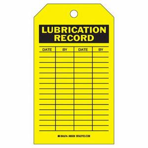 Lubrication Record Tags - Polyester, English, 4", 7", Pack, 10, Black on Yellow, Laminated