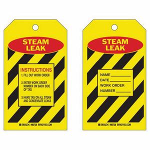 Material Control Tags - Paper, English, 4", 7", Package, 100, Black/Red on Yellow, Steam Leak