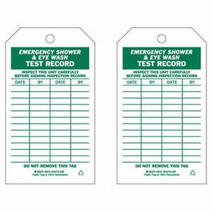 Test Record Inspection Tags - Paper, English, 4", 7", Package, 100, Green on White, Emergency shower and eyewash test record