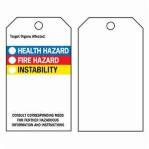 Right-To-Know Tags - English, Polyester, 3", 5-3/4", Package, Package, 25, Black/Blue/Red/Yellow on White, Target organs affected - Health Hazard, Fire Hazard, Instability
