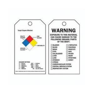 Right-To-Know Tags - English, Polyester, 3", 5-3/4", Package, Package, 25, Black/Blue/Red/Yellow on White, Target Organs Affected - Health Hazard, Fire Hazard, Instability