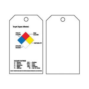 Right-To-Know Tags - English, Polyester, 3", 5-3/4", Package, Package, 25, Black/Blue/Red/Yellow on White, Target Organs Affected - Health Hazard, Fire Hazard, Instability