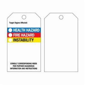 Self-Laminating Right-To-Know Tags - English, Polyester, 3", 5-3/4", Package, Package, 25, Black/Blue/Red/Yellow on White, Target Organs Affected - Health Hazard, Fire Hazard, Instability