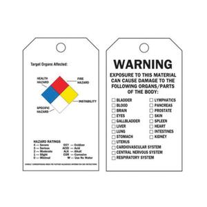 Self-Laminating Right-To-Know Tags - English, Polyester, 3", 5-3/4", Package, Package, 25, Black/Blue/Red/Yellow on White, Target Organs Affected - Health Hazard, Fire Hazard, Instability