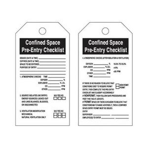 "Confined Space" Tags - English, Polyester, 3", 5-3/4", Package, Package, 25, Black on White, Confined Space Pre-Entry Checklist