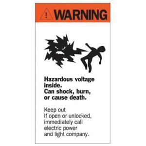 "Warning Hazardous Voltage" Sign - Acrylic, 8", 4-1/2", Adhesive, English with Pictogram, Electrical, Warning! Hazardous voltage. Will shock, burn, or cause death. Keep out. If open or unlocked