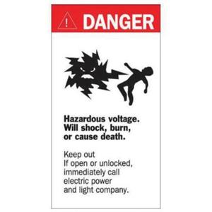 "Danger Hazardous Voltage" Sign - Acrylic, 8", 4-1/2", Adhesive, English with Pictogram, Electrical, Danger! Hazardous voltage. Will shock, burn, or cause death. Keep out. If open or unlocked