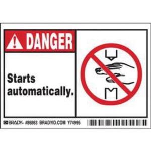 "Danger Starts Automatically" Sign - Polyester, 3-1/2", 5", Adhesive, English with Pictogram, Equipment, Pack, 5, Black/Red on White