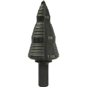 #9 Multi-Hole Step Bit - High Speed Steel, 1-1/8", 3/16", 2-1/2", Straight, 1/2", 4, 10 Gauge (3.5 mm)