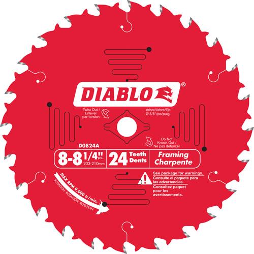 Framing Circular Saw Blade - 8-1/4", 5/8", 24, Wood/Laminate, 15°, 0.094", 0.063", ATB