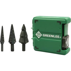 Step Bit Set - 1/2"/7/8"/1-1/8", 1/8"/3/16", 1/2", GSB01 1/8" - 1/2" (3.2 - 12.7 mm); GSB04 3/16" - 7/8"(4.8 - 22.2 mm); GSB09 3/16" - 1-1/8"(4.8 - 28.6 mm); Carrying case, 10 gauge (3.5 mm), Cuts mild steel