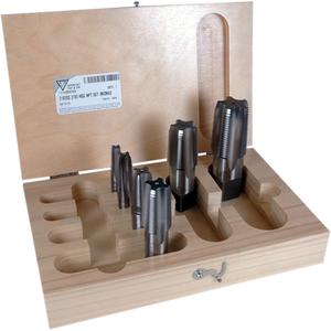 6-Piece 3180 1/8" - 1" NPT Tapered Pipe Tap Set - High Speed Steel, Straight, 1/8-27; 1/4-18; 3/8-18; 1/2-14; 3/4-14; 1-11.5 NPT; Wood Case, PTT, Bright, Medium Hook Taper