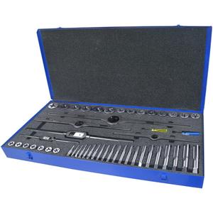 Tap & Adjustable Round Die Set - 47, 1/4-20 NC Tap; 1/4-28 NF Tap; 5/16-18 NC Tap; 5/16-24 NF Tap; 3/8-16 NC Tap; 3/8-24 NF Tap; 7/16-14 NC Tap; 7/16-20 NF Tap; 1/2-13 NC Tap; 1/2-20 NF Tap; 9/16-12 NC Tap; 9/16-18 NF Tap; 5/8-11 NC Tap; 5/8-18 NF Tap; 3/4-10 NC Tap; 3/4-16 NF Tap; 7/8-9 NC Tap; 7/8-14 NF Tap; 1-8 NC Tap; 1-14 NS Tap; 1/8-27 NPT; 1/4-20 NC Die; 1/4-28 NF Die; 5/16-18 NC Die; 5/16-24 NF Die; 3/8-16 NC Die; 3/8-24 NF Die; 7/16-14 NC Die; 7/16-20 NF Die; 1/2-13 NC Die; 1/2-20 NF Die; 9/16-12 NC Die; 9/16-18 NF Die; 5/8-11 NC Die; 5/8-18 NF Die; 3/4-10 NC Die; 3/4-16 NF Die; 7/8-9 NC Die; 7/8-14 NF Die; 1-8 NC Die; 1-14 NS Die; 1/8-27 NPT; #7 Tap Wrench; #15 Tap Wrench; #14 Die Stock; #15 Die Stock; #16 Die Stock