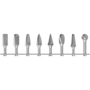 1855 Double Cut Carbide Burr Set - 8, SA-5; SC-5; SF-5; SG-5; SM-5; SE-5; SL-4; SD-5; Plastic Case, Bright