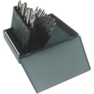 HT18 Jobber Length Drill Bit & Plug Hand Tap Set - 18, #36 Drill; #29 Drill; #25 Drill; #21 Drill; #7 Drill; F Drill; 5/16 Drill; U Drill; 27/64 Drill; #6-32 NC Tap; #8-32 NC Tap; #10-24 NC Tap; #10-32 NF Tap; 1/4-20 NC Tap; 5/16-18 NC Tap; 3/8-16 NC Tap; 7/16-14 NC Tap; 1/2-13NC Tap; Metal Index Case