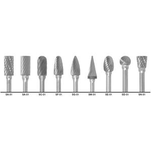 1855 Double Cut Carbide Burr Set - 9, SA-51; SB-51; SC-51; SF-51; SG-51; SM-51; SE-51; SD-51; SN-51; Plastic Case, Bright