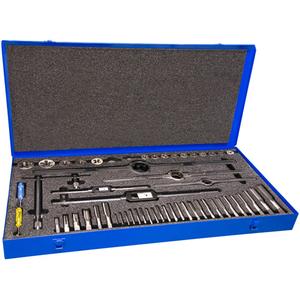 533 Maintenance Hand Tap & Die Set - 52, #4-40 NC Tap; #6-32 NC Tap; #8-32 NC Tap; #10-24 NC Tap; #10-32 NF Tap; #12-24 NC Tap; 1/4-20 NC Tap; 1/4-28 NF Tap; 5/16-18 NC Tap; 5/16-24 NF Tap; 3/8-16 NC Tap; 3/8-24 NF Tap; 7/16-14 NC Tap; 7/16-20 NF Tap; 1/2-13 NC Tap; 1/2-20 NF Tap; 9/16-12 NC Tap; 9/16-18 NF Tap; 5/8-18 NF Tap; 3/4-16 NF Tap; 7/8-14 NF Tap; 1-14 NS Tap; 1/8-27 NPT Tap; 1/4-18 NPT Tap; 3/8-18 NPT Tap; 1/2-14 NPT Tap; M14x1.5 Tap; M18x1.5 Tap; #4-40 NC Die; #6-32 NC Die; #8-32 NC Die; #10-24 NC Die; #10-32 NF Die; #12-24 NC Die; 1/4-20 NC Die; 1/4-28 NF Die; 5/16-18 NC Die; 5/16-24 NF Die; 3/8-16 NC Die; 3/8-24 NF Die; 7/16-14 NC Die; 7/16-20 NF Die; 1/2-13 NC Die; 1/2-20 NF Die; 9/16-18 NF Die; 5/8-18 NF Die; 3/4-16 NF Die; 7/8-14 NF Die; 1-14 NS Die; 1/8-27 NPT Die; 1/4-18 NPT Die; 3/8-18 NPT Die; 1/2-14 NPT Die; M14x1.5 Die; M18x1.5 Die; Metal Case