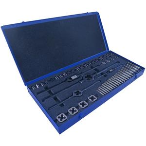 #58 NC-NF Plug Tap & Die Set - 44, 1/4-20 NC Tap; 1/4-28 NF Tap; 5/16-18 NC Tap; 5/16-24 NF Tap; 3/8-16 NC Tap; 3/8-24 NF Tap; 7/16-14 NC Tap; 7/16-20 NF Tap; 1/2-13 NC Tap; 1/2-20 NF Tap; 9/16-12 NC Tap; 9/16-18 NF Tap; 5/8-11 NC Tap; 5/8-18 NF Tap; 3/4-10 NC Tap; 3/4-16 NF Tap; 7/8-9 NC Tap; 7/8-14 NF Tap; 1-8 NC Tap; 1-14 NS Tap; 1/4-20 NC Die; 1/4-28 NF Die; 5/16-18 NC Die; 5/16-24 NF Die; 3/8-16 NC Die; 3/8-24 NF Die; 7/16-14 NC Die; 7/16-20 NF Die; 1/2-13 NC Die; 1/2-20 NF Die; 9/16-12 NC Die; 9/16-18 NF Die; 5/8-11 NC Die; 5/8-18 NF Die; 3/4-10 NC Die; 3/4-16 NF Die; 7/8-9 NC Die; 7/8-14 NF Die; 1-8 NC Die; 1-14 NS Die; #5 Tap Wrench; #7 Tap Wrench; #1 Die Stock; #5 Die Stock