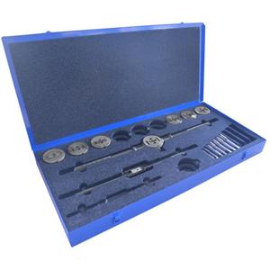 1387 Metric Plug & Tap Die Set - 16, M6x1.0 Tap; M8x1.25 Tap; M10x1.5 Tap; M12x1.75 Tap; M14x2.0 Tap; M16x2.0 Tap; M18x2.5 Tap; M6x1.0 Die; M8x1.25 Die; M10x1.5 Die; M12x1.75 Die; M14x2.0 Die; M16x2.0 Die; M18x2.5 Die; #6 Tap Wrench; #5 Die Stock; Metal Case