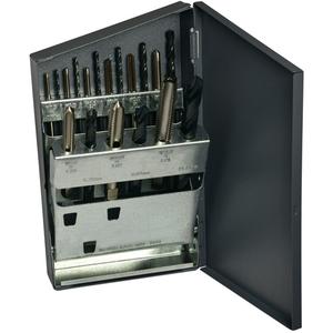 HTGP Metric Jobber Drill & Hand Tap Set - 18, 2.05 Drill; 2.50 Drill; 2.90 Drill; 3.30 Drill; 4.20 Drill; 5.00 Drill; 6.70 Drill; 8.5 Drill; 10.20 Drill; M2.5x0.45 Tap; M3x0.5 Tap; M3.5x0.6 Tap; M4x0.7 Tap; M5x0.8 Tap; M6x1.0 Tap; M8x1.25 Tap; M10x1.5 Tap; M12x1.75 Tap; Huot® Metal Index Case
