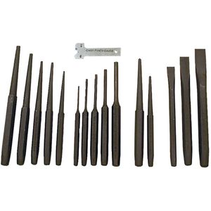 Punch & Chisel Set - 16, Centre Punch 1/8" x 5", 3/16" x 6"; Cold Chisels 3/8" x 5-1/2", 1/2" x 6", 5/8" x 6-1/2"; Pin Punch 3/32" x 4-1/4", 1/8" x 4-3/4", 5/32" x 5-1/4", 3/16" x 5-1/4", 1/4" x 5-3/4"; Taper Punch 3/32" x 5-1/4"