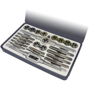 SAE Alloy Tap and Die Set - 24, HRC 58 – C61, 1/2"-13NC; 1/2"-20NF; 1/4"-20NC; 1/4"-28NF; 1/8"-27NPT; 3/8"-16NC; 3/8"-24NF; 5/16"-18NC; 5/16"-24NF; 7/16"-14NC; 7/16"-20NF, 9 SiCr Alloy Steel