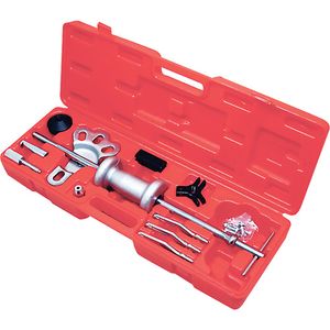 ISHK-13 13-Piece Slide Hammer Puller Set - Slide hammer with 5 lb hammer; Rear axle pulling plate; 3-way cross head; 2-way cross block; Nut; Grip wrench adaptor; Dent puller attachment and screw; (3) Pulling jaws; Nuts and bolts; Puller hook attachment