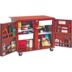 Rolling Work Bench - Red, 43-7/8", 26-7/8", 38-1/2", Steel, 21.7 Cubic Feet, 2 Drawers, 2 Shelves, 4" Casters