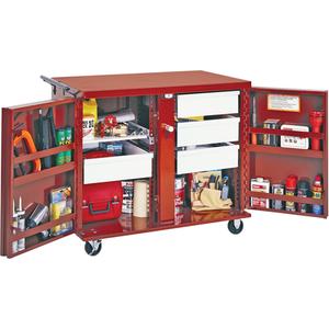 Rolling Work Bench - Red, 43-7/8", 26-7/8", 38-1/2", Steel, 21.7 Cubic Feet, 4 Drawers, 1 Shelf, 4" Casters