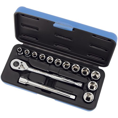 SW3815M-6 Metric Socket Wrench Set - 3/8", Hand/Standard, Standard, 15, 8 mm Socket; 9 mm Socket; 10 mm Socket; 11 mm Socket; 12 mm Socket; 13 mm Socket; 14 mm Socket; 15 mm Socket; 16 mm Socket; 17 mm Socket; 18 mm Socket; 19 mm Socket; 8" Ratchet Wrench with 48 Teeth; Blow Mold Case