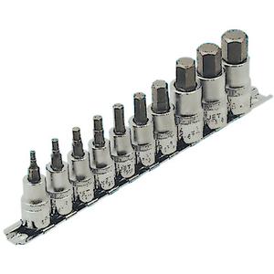 HSW3812-10 SAE Bit Socket Set - Hex, 3/8"/1/2", 10, 1/2"; 1/4"; 1/8"; 3/16"; 3/8"; 5/16"; 5/32"; 5/8"; 7/32"; 9/16"; Socket Rail