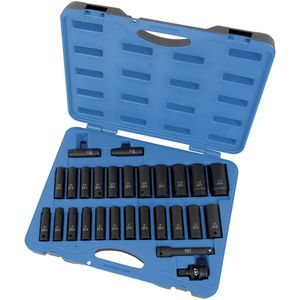 PS2712DC SAE/Metric Socket Set - 1/2", Impact, Deep, 27, 1" Socket; 1/2" Socket; 11/16" Socket; 1-1/16" Socket; 1-1/4" Socket; 1-1/8" Socket; 13/16" Socket; 15/16" Socket; 3-1/4" Socket; 5/8" Socket; 7/16" Socket; 7/8" Socket; 9/16" Socket; 10 mm Socket; 12 mm Socket; 13 mm Socket; 14 mm Socket; 15 mm Socket; 16 mm Socket; 17 mm Socket; 18 mm Socket; 19 mm Socket; 21 mm Socket; 22 mm Socket; 24 mm Socket; 5" Extension; Universal Joint