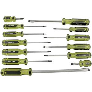 JHMSS-13 Jumbo Handle Mechanic's Screwdriver Set - 13 Pcs., Magnetic, Jumbo; Acetate, Chrome Vanadium, Slot Square Shank 1/4" x 1-1/2"; 1/4" x 4"; 5/16" x 6"; 3/8" x 10"; Phillips #1 x 3"; #2 x 1-1/2"; #2 x 4"; Torx T10; T15; T20; T25; T27; T30 x 4"