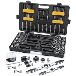 SAE/Metric Ratcheting Tap & Die Set - 114, Large Ratcheting T Wrench; Large Locking Tap Adapter; Large Hex Die Adapter; Medium Ratcheting T Wrench; Medium Tap Adapter; Small Tap Adapter; 3/8" Drive Male Extension Adapter; 3/8" Drive Female Extension Adapter; Medium Hex Die Adapter