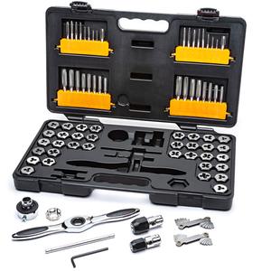 SAE/Metric Ratcheting Tap & Die Set - 77, Medium Ratcheting T Wrench; Small Tap Adapter; Medium Tap Adapter; Medium Hex Die Adapter, 17.2", Full Lifetime on Wrenches & Adapters, 3"