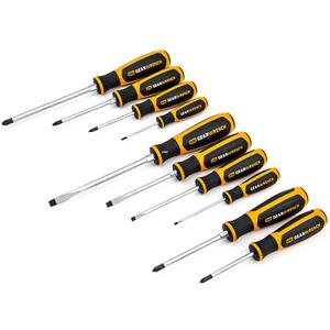 Phillips®/Slotted/Pozidriv® Dual Material Screwdriver Set - 10 Pcs., Non Magnetic, #1 x 3" Phillips® Dual Material Screwdriver; #2 x 4" Phillips® Dual Material Screwdriver; 1/4" x 4" Slotted Dual Material Screwdriver; 1/8" x 3" Cabinet Dual Material Screwdriver; 3/16" x 4" Cabinet Dual Material Screwdriver; 5/16" x 6" Slotted Dual Material Screwdriver; #0 x 2-1/2" Pozidriv® Dual Material Screwdriver; #1 x 3" Pozidriv® Dual Material Screwdriver; #2 x 4" Pozidriv® Dual Material Screwdriver
