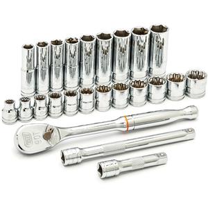 6 & 12 Point Metric Mechanics Tool Set - 3/8", Hand/Standard, Deep/Standard, 24, Assortment of Sockets; Extensions; Ratchet, ASME B107.5M, B1007.10, ANSI, Full Lifetime, 90