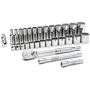 12-Point SAE Mechanics Tool Set - 3/8", Hand/Standard, Deep/Standard, 30, Assortment of Sockets; Extensions; Ratchet; Joint, ASME B107.1, B1007.10, ANSI, Full Lifetime, 90