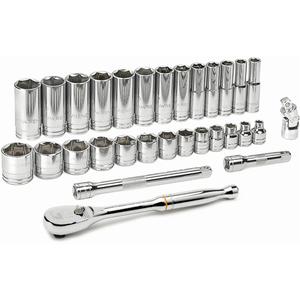 6-Point SAE Mechanics Tool Set - 3/8", Hand/Standard, Deep/Standard, 30, Assortment of Sockets; Extensions; Ratchet; Joint, ASME B107.1, B1007.10, ANSI, Full Lifetime, 90