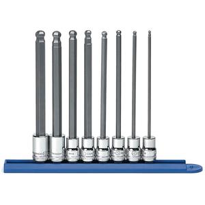 Long Ball End Metric Socket Set - Hex, 3/8", 8, Assortment of Sockets, ASME, ANSI, Full Lifetime, Full Polish Chrome Holder with Black Oxide Bit
