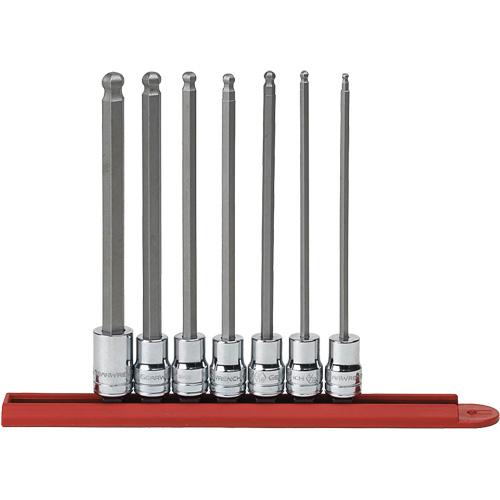 SAE Long Ball End Bit Socket Set - Hex, 3/8", 7, 6", 1/8"; 5/32"; 3/16"; 7/32"; 1/4"; 5/16"; 3/8"; Socket Rail, Full Lifetime