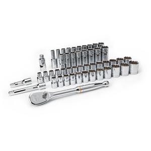 12-Point SAE/Metric Mechanics Tool Set - 1/2", Hand/Standard, Deep/Standard, 49, Assortment of Sockets; Extensions; Ratchet; Joint, ASME B107.1, B107.5M, B1007.10, ANSI, Full Lifetime, 90