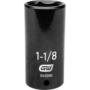 SAE Socket - 1/2", 1-1/8", 3.228", 6, Impact, Deep, Full Lifetime, Black Oxide