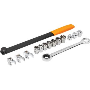 15 Piece Ratcheting Serpentine Belt Tool Set - Long bar Ratcheting wrench Adapters (3/8"  1/2"   3/4"); 6-Point sockets (13 mm/14 mm/15 mm/16 mm/17 mm/18 mm/19 mm); Crowfoot sockets (13 mm/14 mm/15 mm); Blow mold case