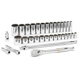 12 Point SAE Mechanics Tool Set - 1/2", Hand/Standard, Deep/Standard, 33, Full Lifetime, 1/2" Drive Universal Joint, 1/2" Drive 12 Point Standard SAE Socket 1-1/2", 1/2" Drive 12 Point Standard SAE Socket 7/16"