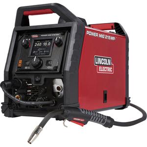 POWER MIG® 215 MPi™ Multi-Process Welder - 120 V/230 V, 1 Ph, 60 Hz, (1) POWER MIG 215 MPi Multi-Process Welder; (1) K4076-1 Magnum® PRO 175L Gun 10 ft. (3.0 m); (1) 230V to 120V Power Cord Adapter; (1) Work Cable and Clamp; (1) Electrode Holder and Lead Assembly; (1) Adjustable Gas Regulator and Hose; (1) Gasless Nozzle; (1) Gun Cable Liner (pre-installed"gun); (1) Spindle Adapter; (1) ED030631 Sample 2 lb (0.91 kg) Spool of SuperArc® L-56® MIG Wire; (2) Contact Tips 0.025"(0.6 mm); (2) Contact TIps 0.035"(0.9 mm); (1) Drive Rolls 0.025-0.030"(0.6-0.8 mm) and 0.035"(0.9 mm); (Installed); (1) Knurled Drive Roll 0.030-0.045"(0.8-1.1 mm); (1) Wire Guide 0.045"(1.1 mm) and 0.025-0.035"(0.6-0.9 mm)(Installed)