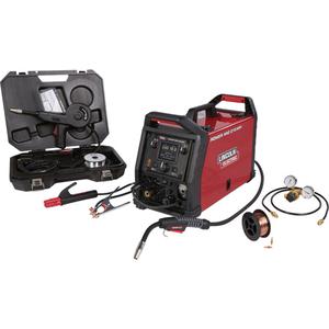 POWER MIG® 215 MPi™ Multi-Process Welder Aluminum One-Pak® - 120 V/230 V, 1 Ph, 60 Hz, (1) POWER MIG 215 MPi Multi-Process Welder; (1) K4076-1 Magnum® PRO 175L Gun 10 ft. (3.0 m); (1) K3269-1 Magnum PRO 100SG Spool Gun; (1) 230V to 120V Power Cord Adapter; (1) Work Cable and Clamp; (1) Electrode Holder and Lead Assembly; (1) Adjustable Gas Regulator and Hose; (1) Gasless Nozzle; (1) Gun Cable Liner (pre-installed"gun); (1) Spindle Adapter; (1) ED030631 Sample 2 lb (0.91 kg) Spool of SuperArc® L-56® MIG Wire; (2) Contact Tips 0.025"(0.6 mm); (2) Contact TIps 0.035"(0.9 mm); (1) Drive Rolls 0.025-0.030"(0.6-0.8 mm) and 0.035"(0.9 mm) (Installed); (1) Knurled Drive Roll 0.030-0.045"(0.8-1.1 mm); (1) Wire Guide 0.045"(1.1 mm) and 0.025-0.035"(0.6-0.9 mm)(Installed)