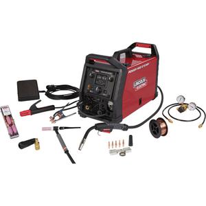 POWER MIG® 215 MPi™ Multi-Process Welder TIG One-Pak® - 120 V/230 V, 1 Ph, 60 Hz, (1) POWER MIG 215 MPi Multi-Process Welder; (1) K4076-1 Magnum® PRO 175L Gun 10 ft. (3.0 m); (1) K1782-1 PTA-17 Ultra-Flex TIG Torch 12.5 ft (3.8m); (1) K1622-1 Twist Mate TIG Torch Adapter; (1) K870 Foot Amptrol; (1) KP508 PTA-17V TIG Torch Parts Kit; (1) 230V to 120V Power Cord Adapter; (1) Work Cable and Clamp; (1) Electrode Holder and Lead Assembly; (1) Adjustable Gas Regulator and Hose; (1) Gasless Nozzle; (1) Gun Cable Liner (pre-installed"gun); (1) Spindle Adapter; (1) ED030631 Sample 2 lb (0.91 kg) Spool of SuperArc® L-56® MIG Wire; (2) Contact Tips 0.025"(0.6 mm); (2) Contact TIps 0.035"(0.9 mm); (1) Drive Rolls 0.025-0.030"(0.6-0.8 mm) and 0.035"(0.9 mm) (Installed); (1) Knurled Drive Roll 0.030-0.045"(0.8-1.1 mm); (1) Wire Guide 0.045"(1.1 mm) and 0.025-0.035"(0.6-0.9 mm)(Installed)