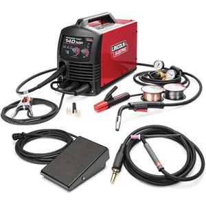 POWER MIG® 140 MP® Multi-Process Welder TIG One-Pak® - 115 V, 1 Ph, 60 Hz, (1) POWER MIG 140 MP Multi-Process Welder; (1) Magnum PRO 100L Gun 10 ft. Cable 8-Pin; (3) Tapered Contact Tips 0.025 in.; (3) Tapered Contact Tips 0.035 in.; (1) Gasless Nozzle for Innershield Welding; (1) Gas Nozzle for MIG Welding; (1) Spindle Adapter for 8 in. Spools; (1) Sample Spool of SuperArc L-56 0.025 in. MIG Wire; (1) Sample Spool of Innershield NR-211-MP 0.035 in. Flux-Cored Wire; (1) Work Clamp & 10 ft. Cable; (1) Electrode Holder with 10 ft. Cable for Stick Welding; (1) Flux-Cored/MIG Wire Drive Roll .025 - .035 in (0.6 - 0.9 mm) (KP2948-1); (1) Foot Pedal (K4361-1); (1) PTA-9 TIG Torch (12.5 ft.) (K1782-16)