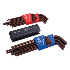 Long Arm Ball Hex Key Set - 22, Metric & Imperial, 10-1/4" L x 7-1/2" W x 1-1/4" H